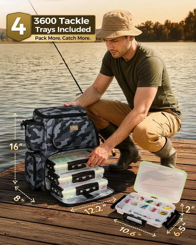 Alt view image 2 of 7 - Pro Fishing Backpack with 4 Tackle Boxes, 3600 Tackle Box Backpack | Fishing Bag with Rod Holder, Tackle Backpack with Large Side Gear Storage & Insulated Cooler Compartment, Fishing Gifts
