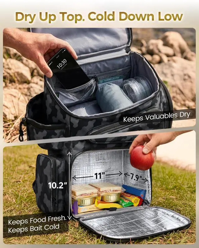 Alt view image 3 of 7 - Pro Fishing Backpack with 4 Tackle Boxes, 3600 Tackle Box Backpack | Fishing Bag with Rod Holder, Tackle Backpack with Large Side Gear Storage & Insulated Cooler Compartment, Fishing Gifts