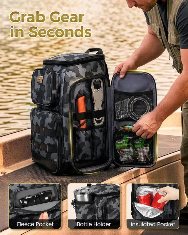 Alt view image 4 of 7 - Pro Fishing Backpack with 4 Tackle Boxes, 3600 Tackle Box Backpack | Fishing Bag with Rod Holder, Tackle Backpack with Large Side Gear Storage & Insulated Cooler Compartment, Fishing Gifts