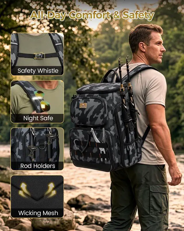 Alt view image 6 of 7 - Pro Fishing Backpack with 4 Tackle Boxes, 3600 Tackle Box Backpack | Fishing Bag with Rod Holder, Tackle Backpack with Large Side Gear Storage & Insulated Cooler Compartment, Fishing Gifts