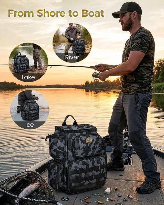 Alt view image 7 of 7 - Pro Fishing Backpack with 4 Tackle Boxes, 3600 Tackle Box Backpack | Fishing Bag with Rod Holder, Tackle Backpack with Large Side Gear Storage & Insulated Cooler Compartment, Fishing Gifts