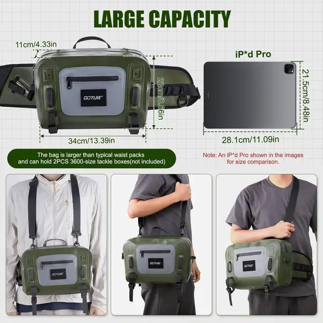 Alt view image 2 of 7 - Waterproof Fishing Waist Pack,IPX8 840D TPU Large Tackle Bag with Rod Holder,Airtight Zipper Closure,Fly Fishing Bag with Adjustable Waist Strap,Sling Fanny Pack with Lanyard,Forceps,Nipper