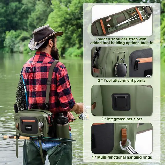 Alt view image 4 of 7 - Waterproof Fishing Waist Pack,IPX8 840D TPU Large Tackle Bag with Rod Holder,Airtight Zipper Closure,Detachable Water Bottle Holder, 10L Fly Fishing Bag with Adjustable Strap,Sling Fanny Pack