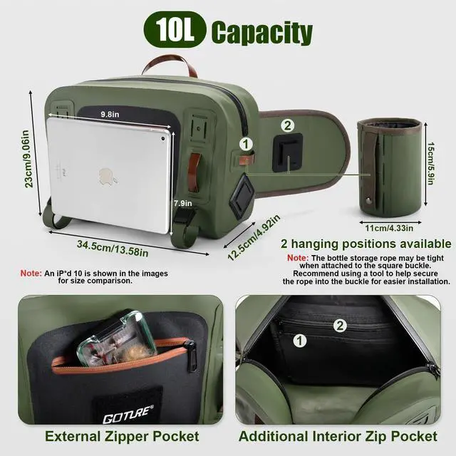 Alt view image 5 of 7 - Waterproof Fishing Waist Pack,IPX8 840D TPU Large Tackle Bag with Rod Holder,Airtight Zipper Closure,Detachable Water Bottle Holder, 10L Fly Fishing Bag with Adjustable Strap,Sling Fanny Pack
