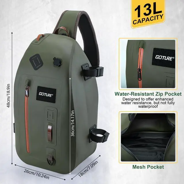 Alt view image 3 of 7 - Waterproof Fly Fishing Sling Pack,IPX8 840D TPU Fishing Sling Bag Gear Storage,13L Tackle Backpack with Rod Holder,Airtight Zipper,Exhaust Valve,Adjustable Strap,Wader Bag Included,Gift for Men