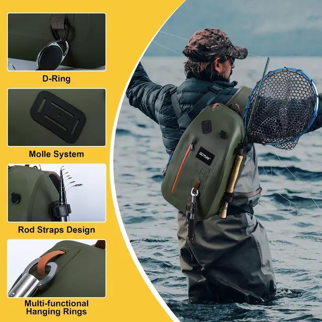 Alt view image 4 of 7 - Waterproof Fly Fishing Sling Pack,IPX8 840D TPU Fishing Sling Bag Gear Storage,13L Tackle Backpack with Rod Holder,Airtight Zipper,Exhaust Valve,Adjustable Strap,Wader Bag Included,Gift for Men
