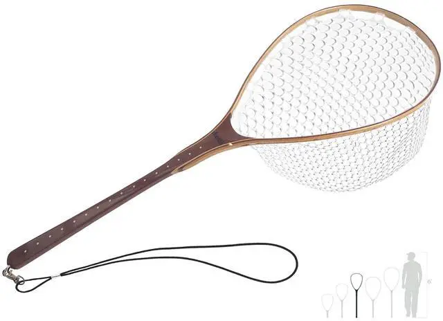 Main image of Fly Fishing Net Landing Net Wooden Net Soft Rubber Mesh Trout Net Freshwater Saltwater Fishing Net with Safety Cord Net Gifts for Father Men