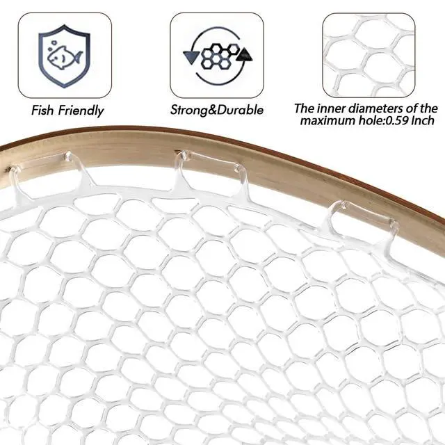 Alt view image 4 of 7 - Fly Fishing Net Landing Net Wooden Net Soft Rubber Mesh Trout Net Freshwater Saltwater Fishing Net with Safety Cord Net Gifts for Father Men