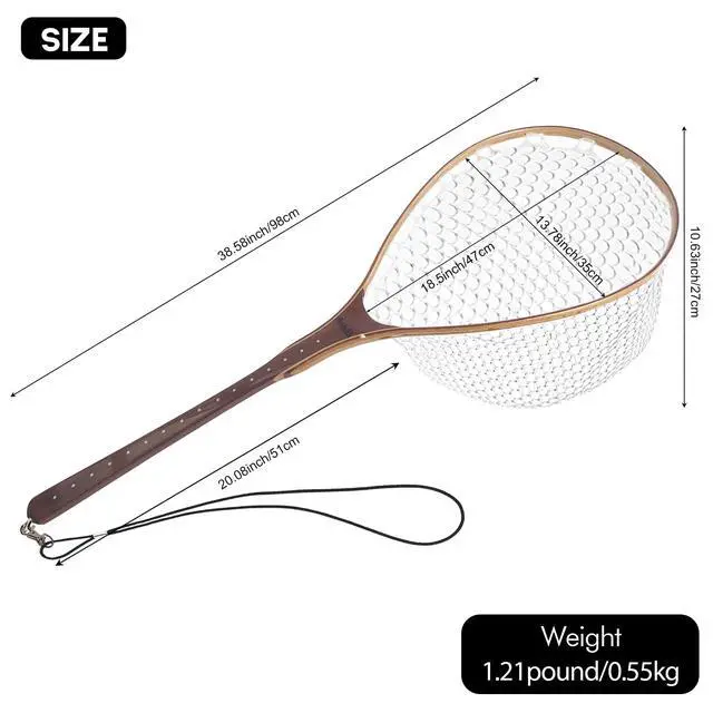 Alt view image 5 of 7 - Fly Fishing Net Landing Net Wooden Net Soft Rubber Mesh Trout Net Freshwater Saltwater Fishing Net with Safety Cord Net Gifts for Father Men