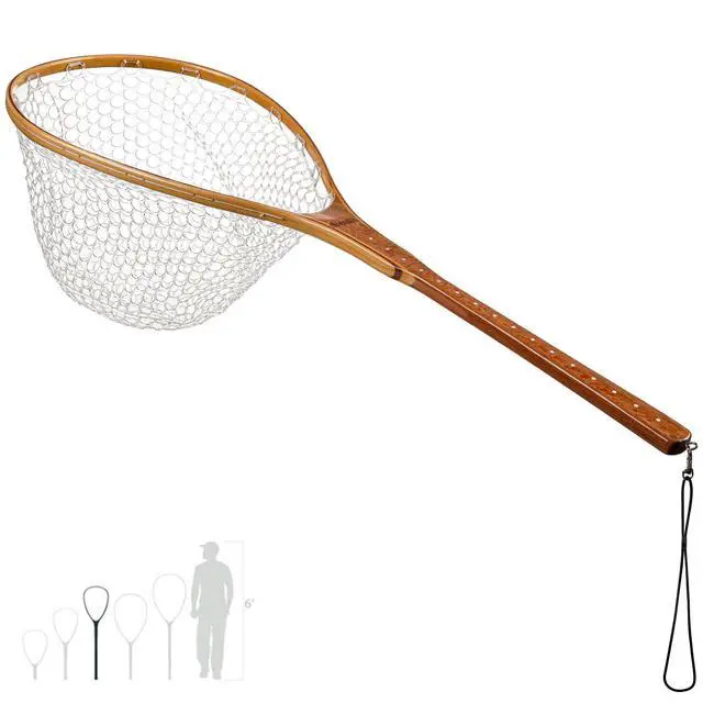 Alt view image 7 of 7 - Fly Fishing Net Landing Net Wooden Net Soft Rubber Mesh Trout Net Freshwater Saltwater Fishing Net with Safety Cord Net Gifts for Father Men