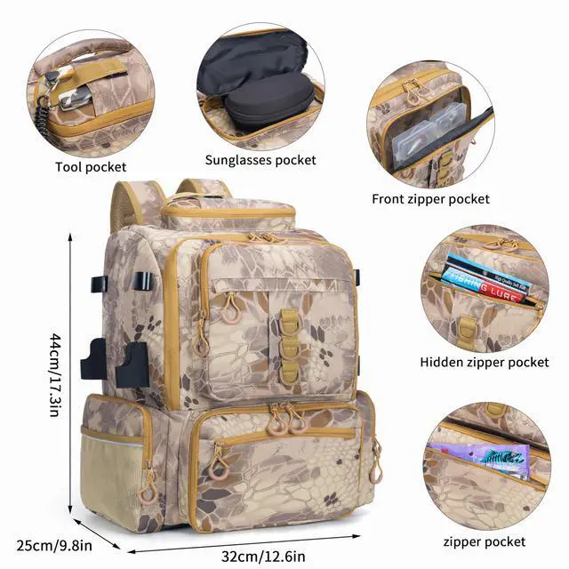 Alt view image 3 of 6 - Fishing Tackle Backpack, 45L Storage Waterproof Travel Bag Store Fishing Gear with Insulated Top Pocket