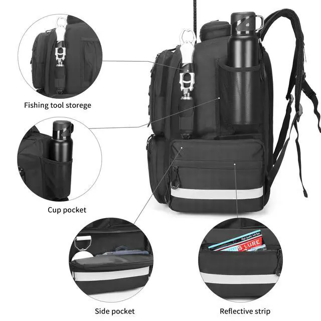 Alt view image 3 of 6 - Fishing Tackle Backpack, 45L Storage Waterproof Travel Bag Store Fishing Gear with Insulated Top Pocket