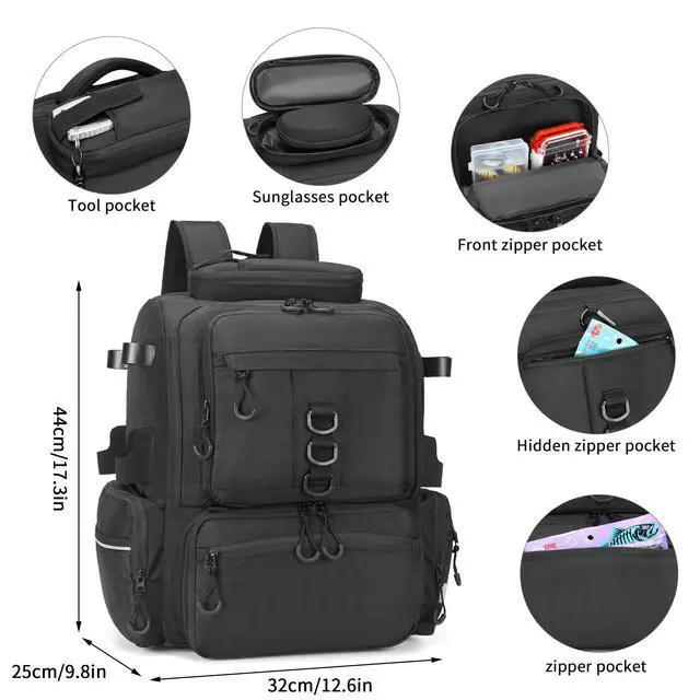 Alt view image 4 of 6 - Fishing Tackle Backpack, 45L Storage Waterproof Travel Bag Store Fishing Gear with Insulated Top Pocket