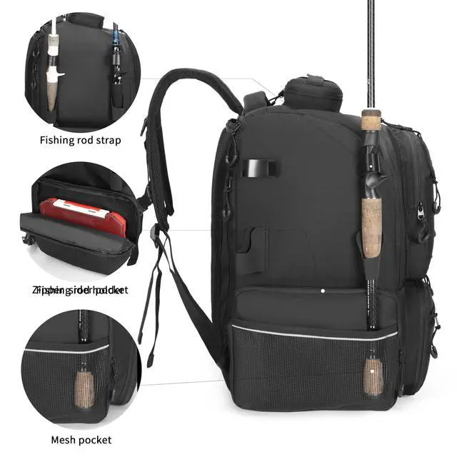 Alt view image 6 of 6 - Fishing Tackle Backpack, 45L Storage Waterproof Travel Bag Store Fishing Gear with Insulated Top Pocket