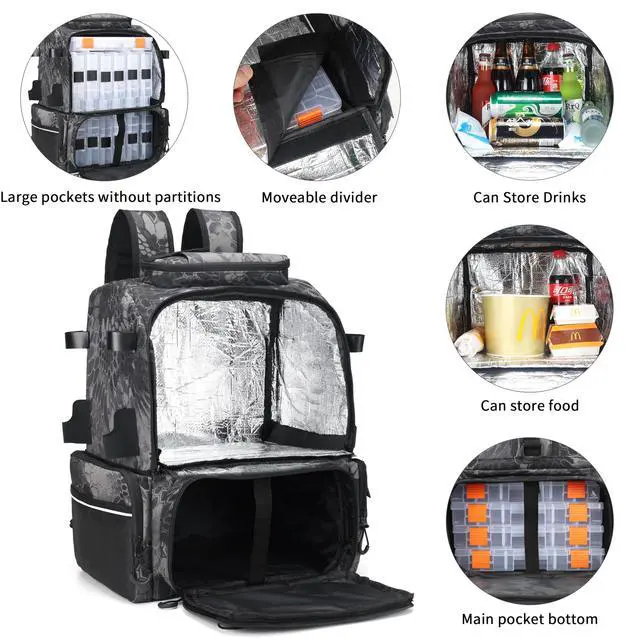 Alt view image 2 of 6 - Fishing Tackle Backpack, 45L Storage Waterproof Travel Bag Store Fishing Gear with Insulated Top Pocket