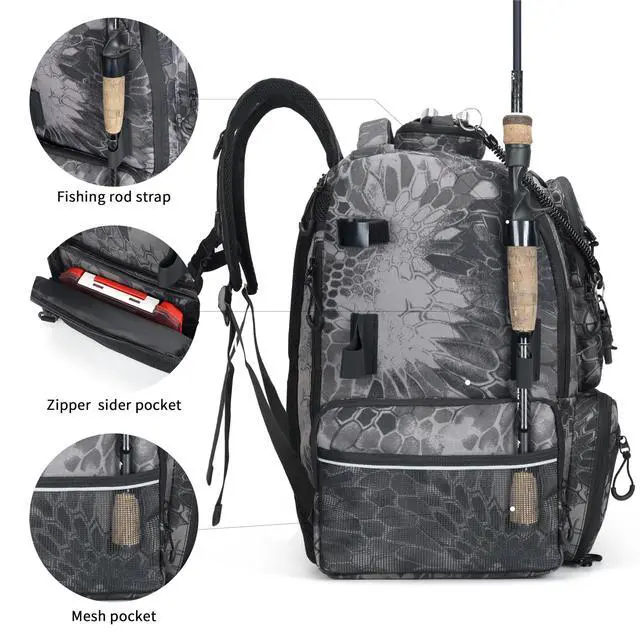 Alt view image 3 of 6 - Fishing Tackle Backpack, 45L Storage Waterproof Travel Bag Store Fishing Gear with Insulated Top Pocket