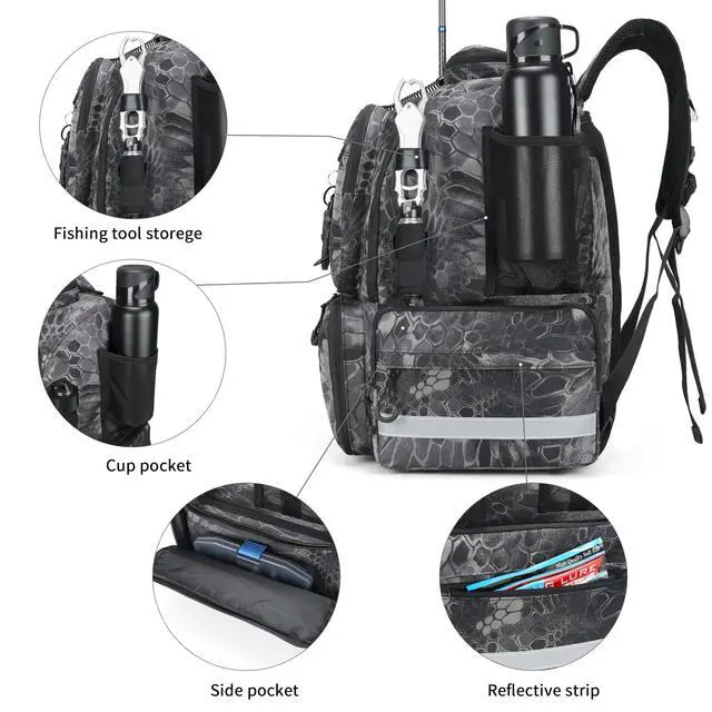Alt view image 4 of 6 - Fishing Tackle Backpack, 45L Storage Waterproof Travel Bag Store Fishing Gear with Insulated Top Pocket