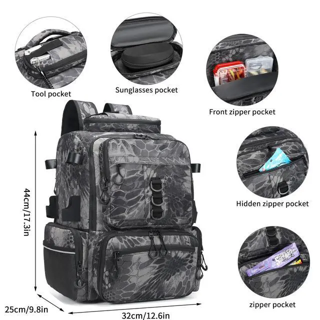 Alt view image 5 of 6 - Fishing Tackle Backpack, 45L Storage Waterproof Travel Bag Store Fishing Gear with Insulated Top Pocket