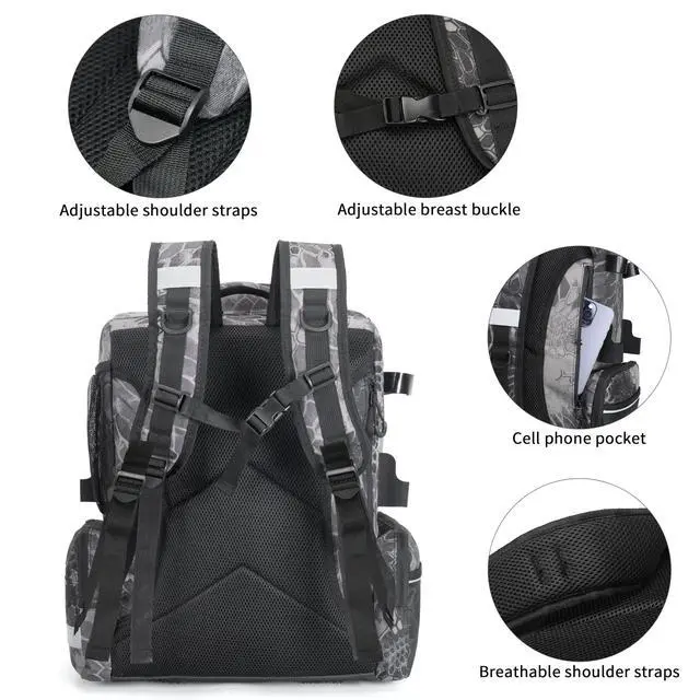Alt view image 6 of 6 - Fishing Tackle Backpack, 45L Storage Waterproof Travel Bag Store Fishing Gear with Insulated Top Pocket