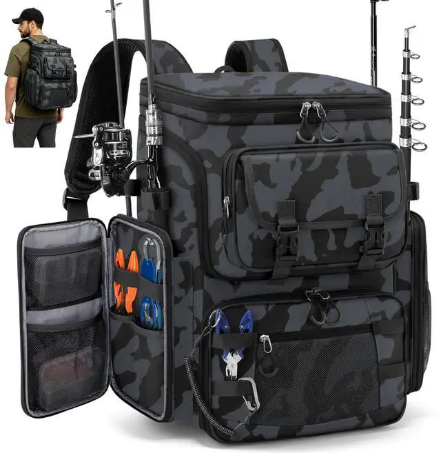 Main image of Fishing Backpack, 45L Large Fishing Bag with 4 Rod Holders & Insulated Cooler Professional Fishing Tackle Backpack with Rain Cover Waterproof Tackle Bag for Men Gift, Black Camouflage