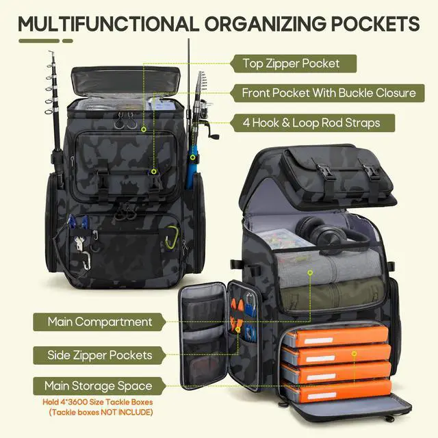 Alt view image 2 of 7 - Fishing Backpack, 45L Large Fishing Bag with 4 Rod Holders & Insulated Cooler Professional Fishing Tackle Backpack with Rain Cover Waterproof Tackle Bag for Men Gift, Black Camouflage