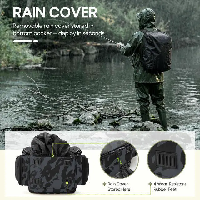 Alt view image 4 of 7 - Fishing Backpack, 45L Large Fishing Bag with 4 Rod Holders & Insulated Cooler Professional Fishing Tackle Backpack with Rain Cover Waterproof Tackle Bag for Men Gift, Black Camouflage