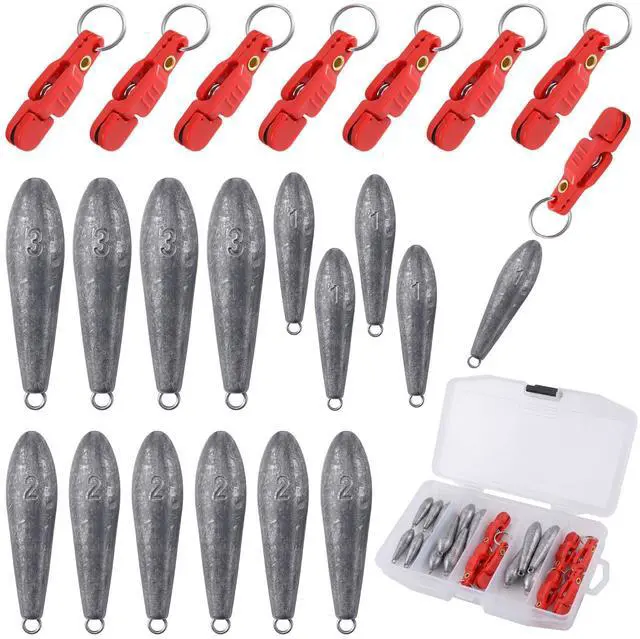 Main image of 19/21/42 Piece Snap Weight Kit Trolling System Include Trolling Weights Red Clips Bullet/Fish Shape Fishing Weights for Walleye Saltwater Freshwater Fishing