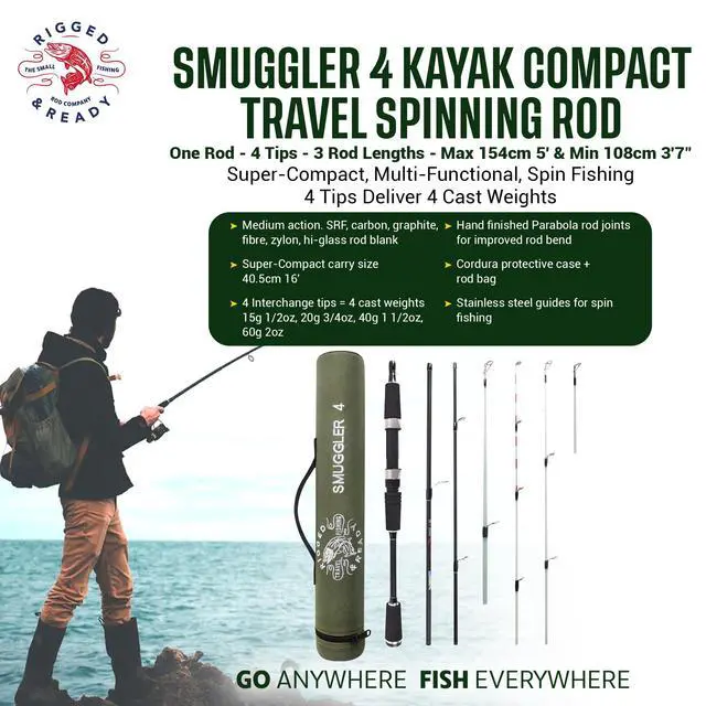 Alt view image 2 of 7 - Rigged and Ready Smuggler Series Travel Fishing Rods. Super Compact, 1 Spinning Rod and Reel Combo, 4 Spin, 1 Casting Rod + Cases. 2, 3 or 4 Tips. Spin and General Freshwater - Saltwater Fishing