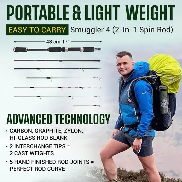 Alt view image 3 of 7 - Rigged and Ready Smuggler Series Travel Fishing Rods. Super Compact, 1 Spinning Rod and Reel Combo, 4 Spin, 1 Casting Rod + Cases. 2, 3 or 4 Tips. Spin and General Freshwater - Saltwater Fishing