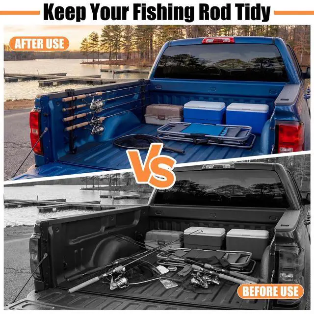 Alt view image 4 of 6 - 2 Sets Truck Bed Fishing Rod Holder, Fishing Pole Rack for Truck Holds 4 Rods, Fits 2.36" Thick Rails, Easy Install Kayak & Fly Rod Storage Stand