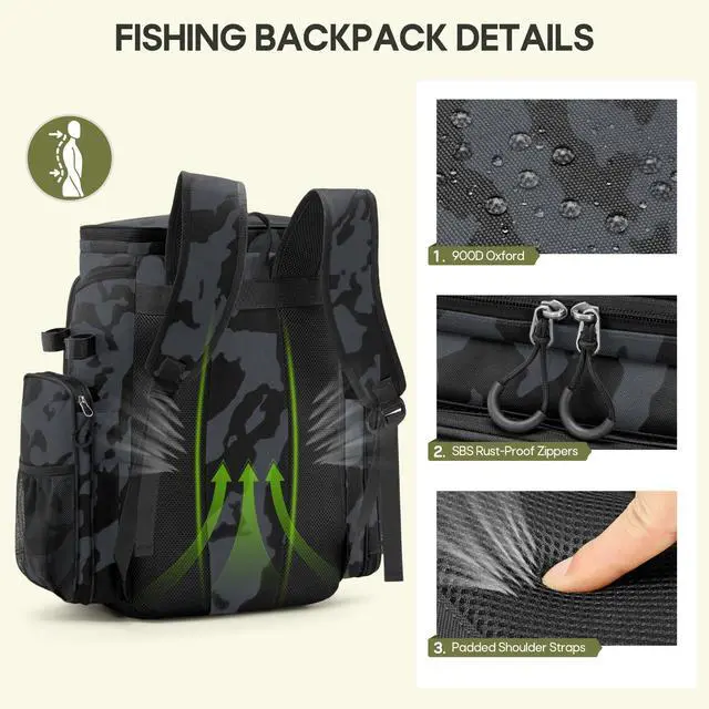 Alt view image 6 of 7 - Fishing Backpack, 45L Large Fishing Bag with 4 Rod Holders & Insulated Cooler Professional Fishing Tackle Backpack with Rain Cover Waterproof Tackle Bag for Men Gift, Black Camouflage