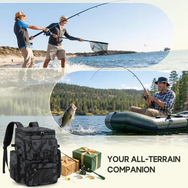 Alt view image 7 of 7 - Fishing Backpack, 45L Large Fishing Bag with 4 Rod Holders & Insulated Cooler Professional Fishing Tackle Backpack with Rain Cover Waterproof Tackle Bag for Men Gift, Black Camouflage