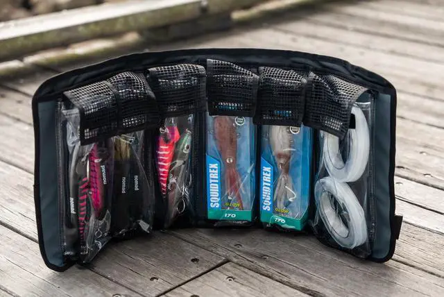 Alt view image 3 of 7 - Lure Roll - Medium Size with 6 Pockets Respectively, Portable Waterproof Tarpaulin Fish Lure Bag - Heavy Duty PVC Window, Mesh Cleaning & Drying Tabs