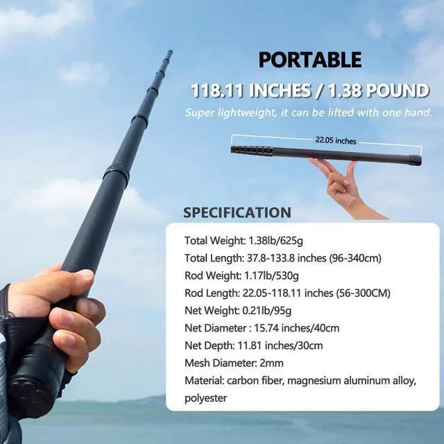 Alt view image 2 of 7 - 9ft/11.15ft Extra Long Fishing Net with Telescoping Handle, Carbon Fiber Extendable Landing Net, Dip Net for Fishing, Crab nets for Crabbing, Rubber Coated Netting, Holds up to 20lbs