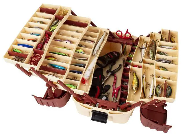 Alt view image 3 of 7 - Outdoors 2059 Hip Roof 7-Tray Fishing Tackle Box - Large Portable All-Weather Fishing Lure Organizer, 61 Compartments, Beige/Terracota Brown