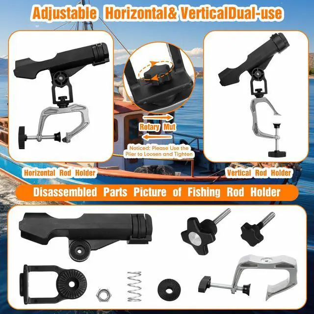 Alt view image 4 of 6 - 6 Pack Fishing Boat Rod Holder 360 Degree Adjustable with Large Clamp Boat Rod Bracket Folding Fishing Pole Holders for Kayak Canoe Raft