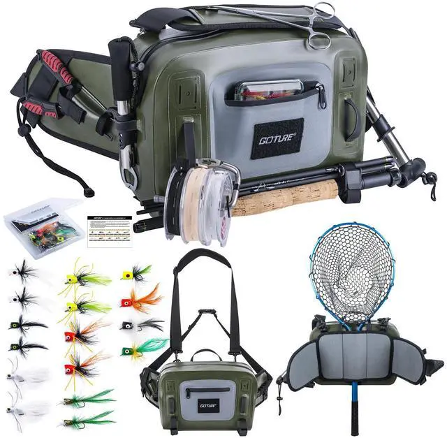 Main image of Waterproof Fishing Waist Pack, IPX8 840D TPU Large Tackle Bag with Rod Holder, Airtight Zipper Closure, Fly Fishing Bag with Adjustable Waist Strap, Sling Fanny Pack with 16pcs Popper Flies