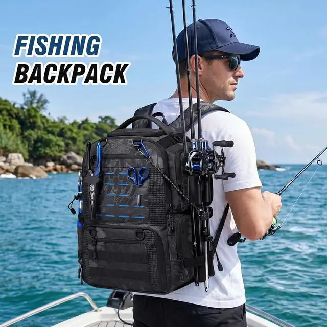 Alt view image 2 of 6 - Fishing Tackle Backpack with Tackle Boxes, Two Rod Holders, Bottle Holder, 50L Waterproof Tackle Bag for Fishing Gear, Fish Gifts for Men, Black Camo (4 Tackle Boxes Included