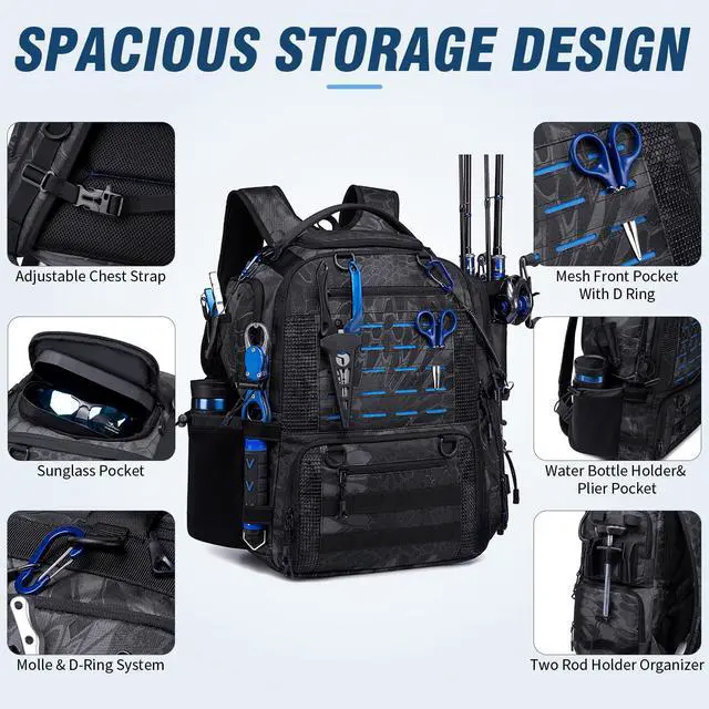 Alt view image 5 of 6 - Fishing Tackle Backpack with Tackle Boxes, Two Rod Holders, Bottle Holder, 50L Waterproof Tackle Bag for Fishing Gear, Fish Gifts for Men, Black Camo (4 Tackle Boxes Included