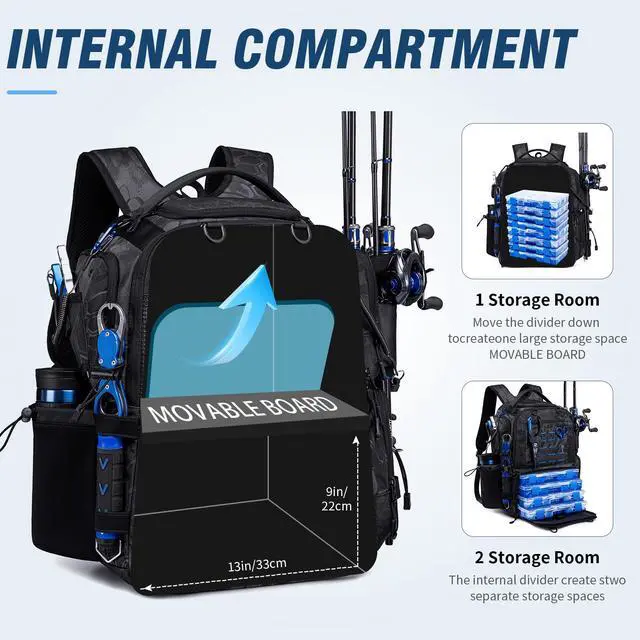 Alt view image 3 of 6 - Fishing Tackle Backpack with Tackle Boxes, Two Rod Holders, Bottle Holder, 50L Waterproof Tackle Bag for Fishing Gear, Fish Gifts for Men, Black Camo (4 Tackle Boxes Included