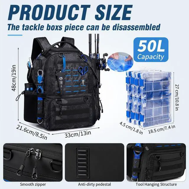 Alt view image 6 of 6 - Fishing Tackle Backpack with Tackle Boxes, Two Rod Holders, Bottle Holder, 50L Waterproof Tackle Bag for Fishing Gear, Fish Gifts for Men, Black Camo (4 Tackle Boxes Included