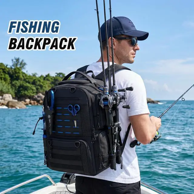 Alt view image 2 of 6 - Fishing Tackle Backpack with Tackle Boxes, Two Rod Holders, Bottle Holder, 50L Waterproof Tackle Bag for Fishing Gear, Fish Gifts for Men, Black (4 Tackle Boxes Included