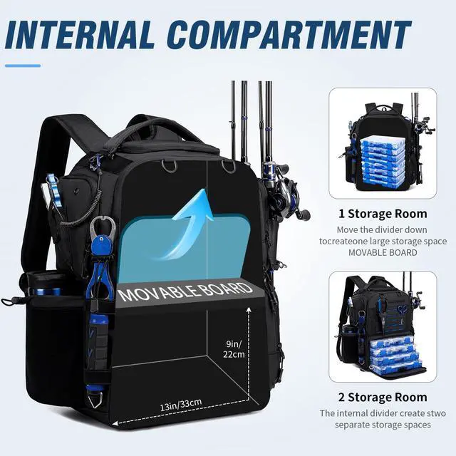 Alt view image 3 of 6 - Fishing Tackle Backpack with Tackle Boxes, Two Rod Holders, Bottle Holder, 50L Waterproof Tackle Bag for Fishing Gear, Fish Gifts for Men, Black (4 Tackle Boxes Included