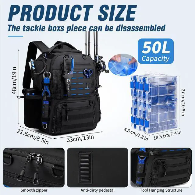 Alt view image 6 of 6 - Fishing Tackle Backpack with Tackle Boxes, Two Rod Holders, Bottle Holder, 50L Waterproof Tackle Bag for Fishing Gear, Fish Gifts for Men, Black (4 Tackle Boxes Included