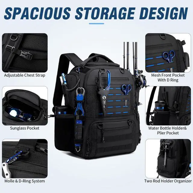 Alt view image 5 of 6 - Fishing Tackle Backpack with Tackle Boxes, Two Rod Holders, Bottle Holder, 50L Waterproof Tackle Bag for Fishing Gear, Fish Gifts for Men, Black (4 Tackle Boxes Included