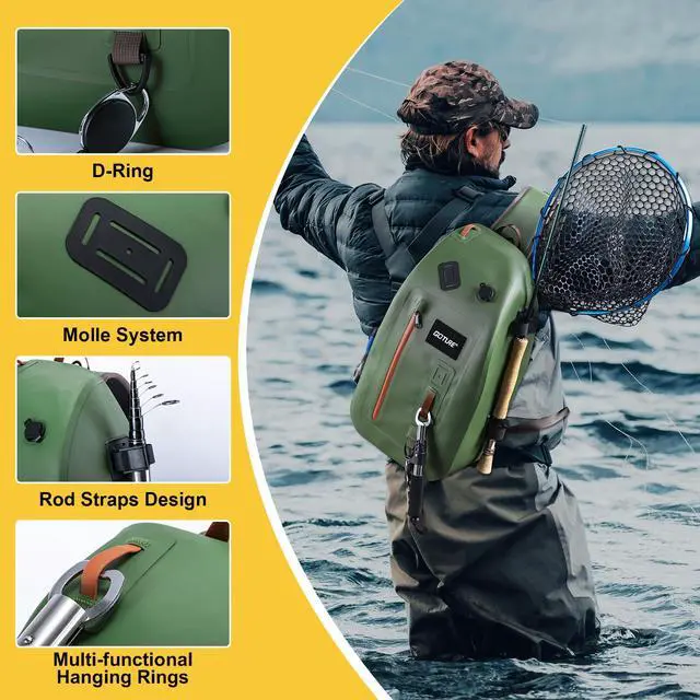 Alt view image 3 of 7 - Waterproof Fly Fishing Sling Pack, IPX8 840D TPU Fishing Sling Bag, 13L Tackle Backpack with Rod Holder,Airtight Zipper,Exhaust Valve,Adjustable Strap for Kayaking,Wadering,Hiking