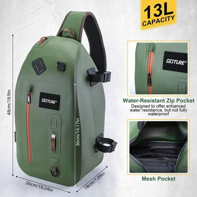 Alt view image 5 of 7 - Waterproof Fly Fishing Sling Pack, IPX8 840D TPU Fishing Sling Bag, 13L Tackle Backpack with Rod Holder,Airtight Zipper,Exhaust Valve,Adjustable Strap for Kayaking,Wadering,Hiking