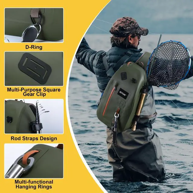 Alt view image 3 of 7 - Waterproof Fly Fishing Sling Pack, IPX8 840D TPU Fishing Sling Bag, 13L Tackle Backpack with Rod Holder,Airtight Zipper,Exhaust Valve,Adjustable Strap for Kayaking,Wadering,Hiking