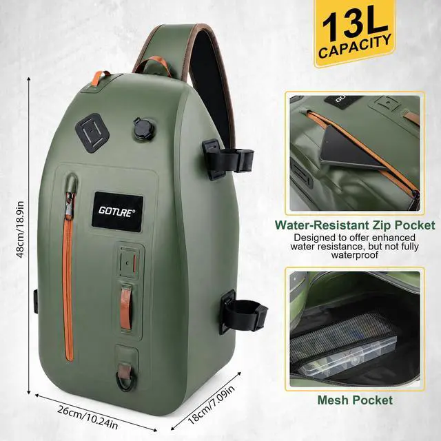 Alt view image 5 of 7 - Waterproof Fly Fishing Sling Pack, IPX8 840D TPU Fishing Sling Bag, 13L Tackle Backpack with Rod Holder,Airtight Zipper,Exhaust Valve,Adjustable Strap for Kayaking,Wadering,Hiking