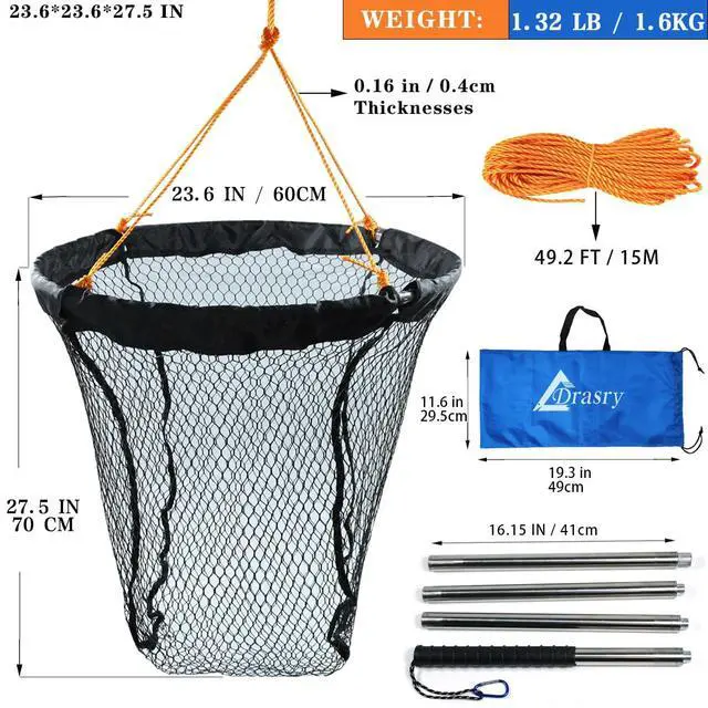 Alt view image 3 of 7 - Large Collapsible Bridge Pier Fishing Net Landing Net with Rod, High Load Aluminum Ring Drop Net for Saltwater and Freshwater Pier Fishing Basket with 49.2 ft. Rope